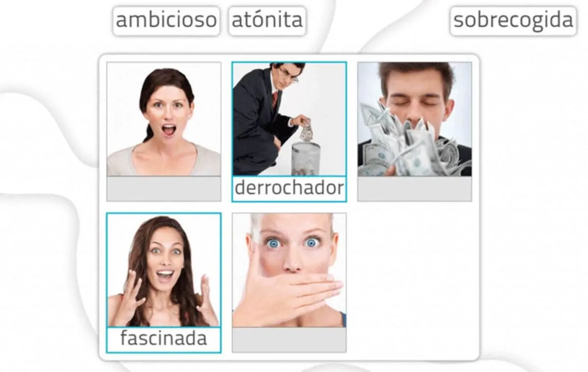 Conjunto de seis quadros com expressões faciais e palavras na parte superior: ambicioso, atônita, estupefata, gastador e fascinada.