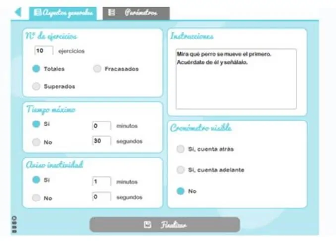 Interface educativa em tons suaves, com painéis: exercícios, tempo máximo, cronômetro, área de instruções e Finalizar.