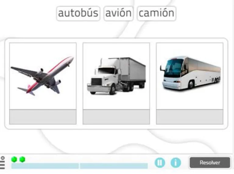 Três veículos alinhados: avião à esquerda, caminhão no centro e ônibus à direita, palavras para aprendizado.