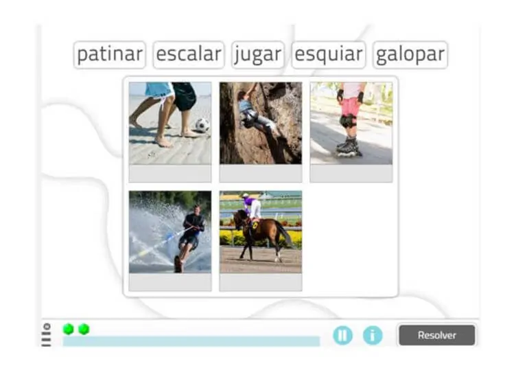 Conjunto de vinhetas que mostram patinar, escalar, brincar, esquiar e galopar, cada uma vinculada a um verbo.