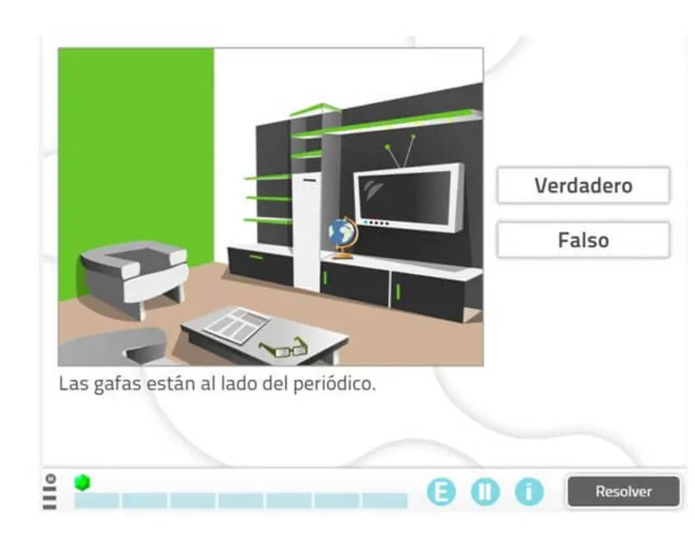 Interior moderno com TV, globo e jornal, acompanhado de frases verdadeiro/falso para reabilitação cognitiva em afasia de Broca.