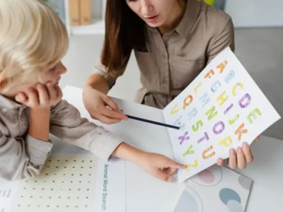 Sessão de fonoaudiologia em consultório clínico: o fonoaudiólogo com uma criança trabalhando com cartões de letras coloridos na mesa.