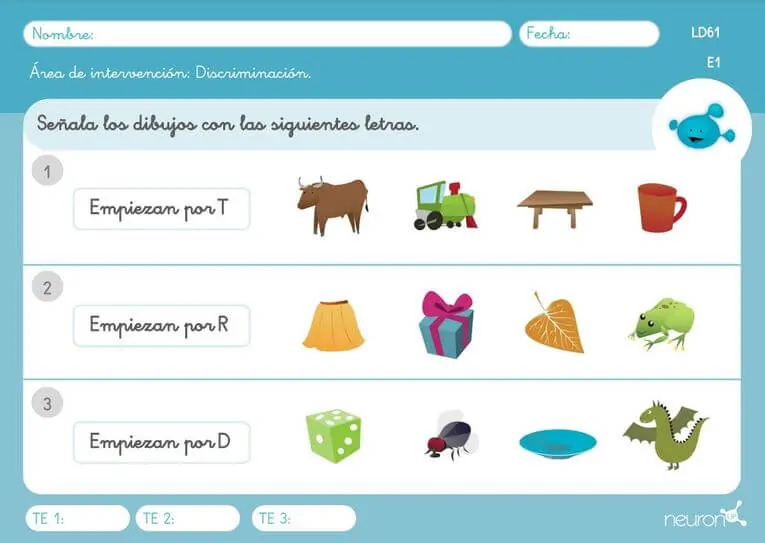 Página impressa com desenhos alinhados para identificar objetos e animais que começam com letras específicas.