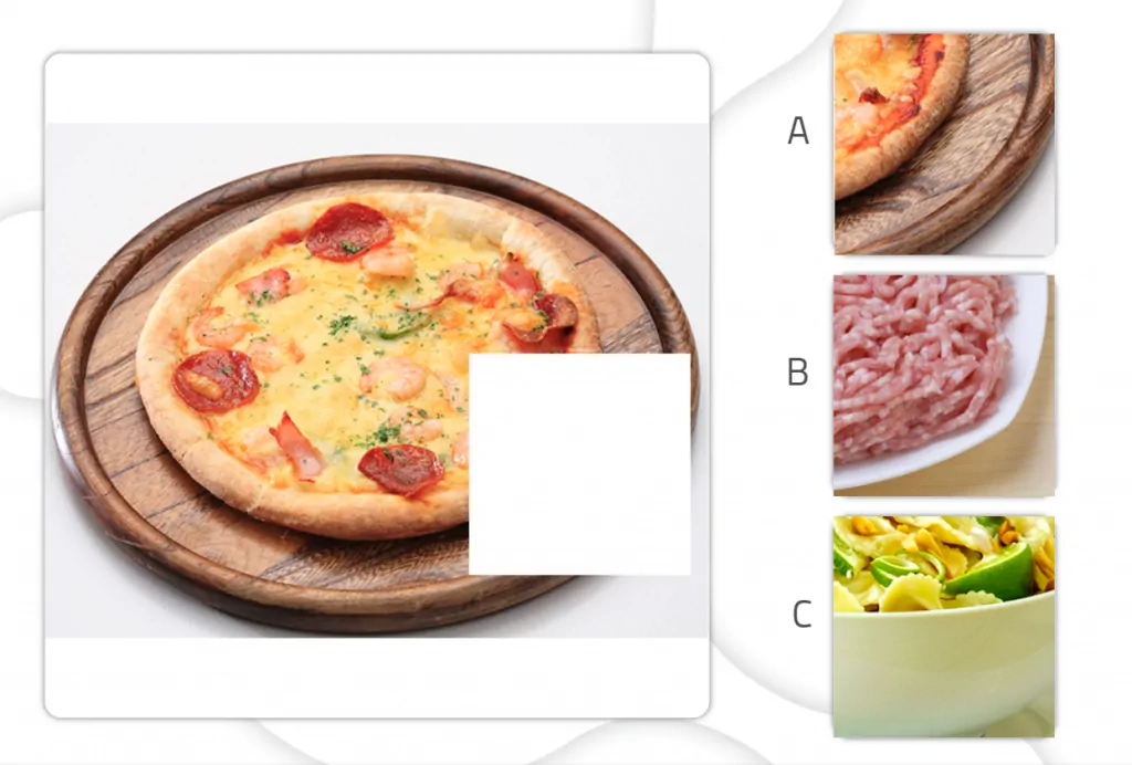 Pizza em tábua de madeira com crosta dourada e coberturas; à esquerda vêem-se três opções A, B e C parcialmente visíveis.