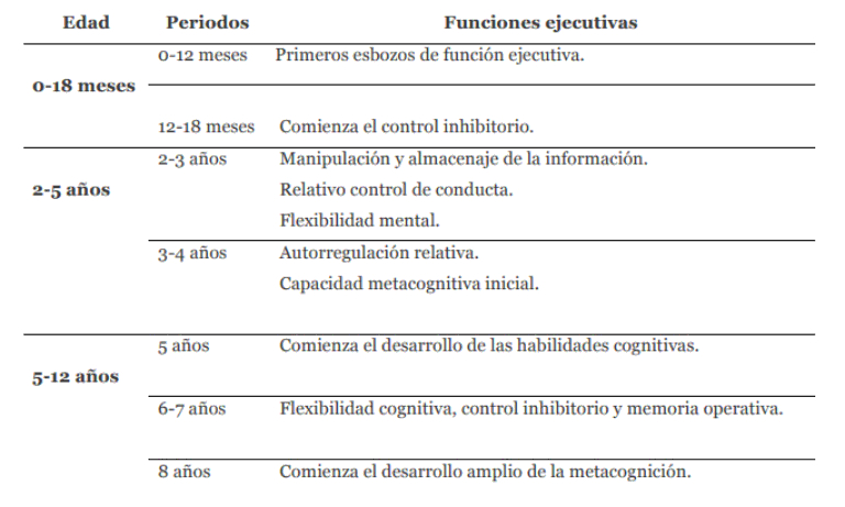 Tabela que organiza o desenvolvimento das funções executivas por idades (0–12 meses a 6–7 anos), destacando inibição, memória de trabalho e flexibilidade.