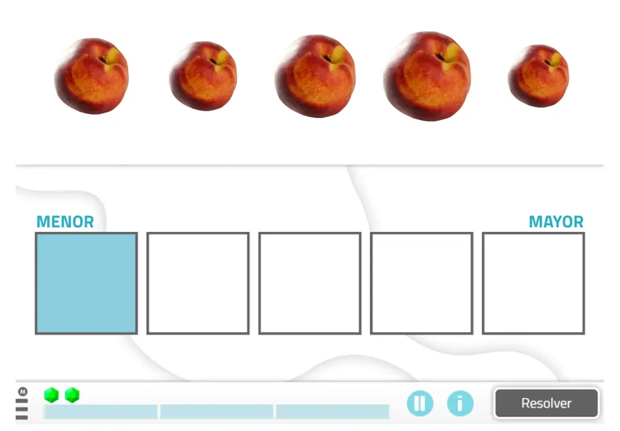Pêssegos alinhados do maior ao menor tamanho, com caixas para ordenar tamanhos abaixo, em uma interface de estimulação cognitiva.