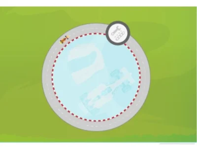 Gráfico simples de uma pista de corrida em oval com lago central, borda e ícone no canto superior direito.
