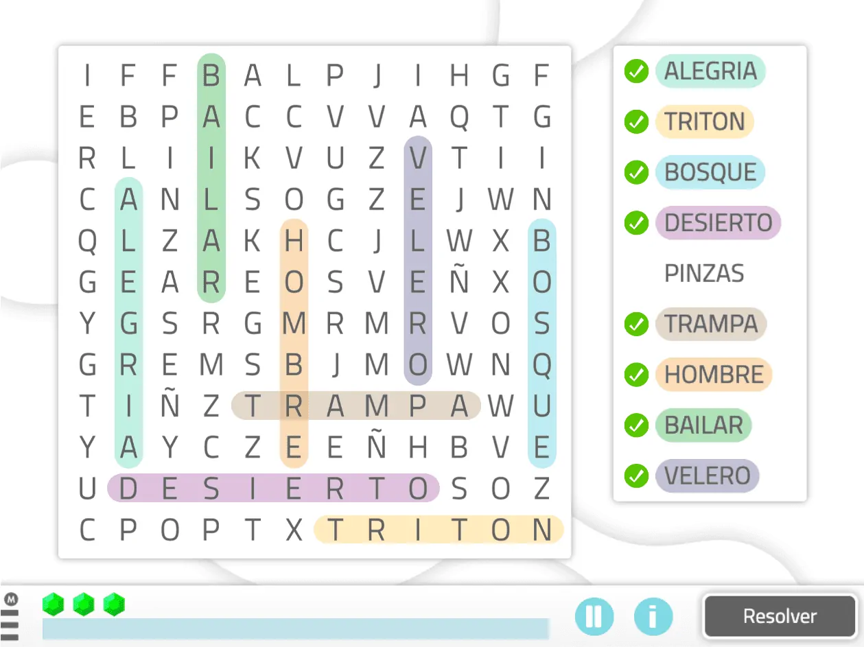 Captura de tela de um jogo de sopa de letras para estimulação cognitiva na doença de Parkinson: grade de letras, palavras a encontrar e controles.