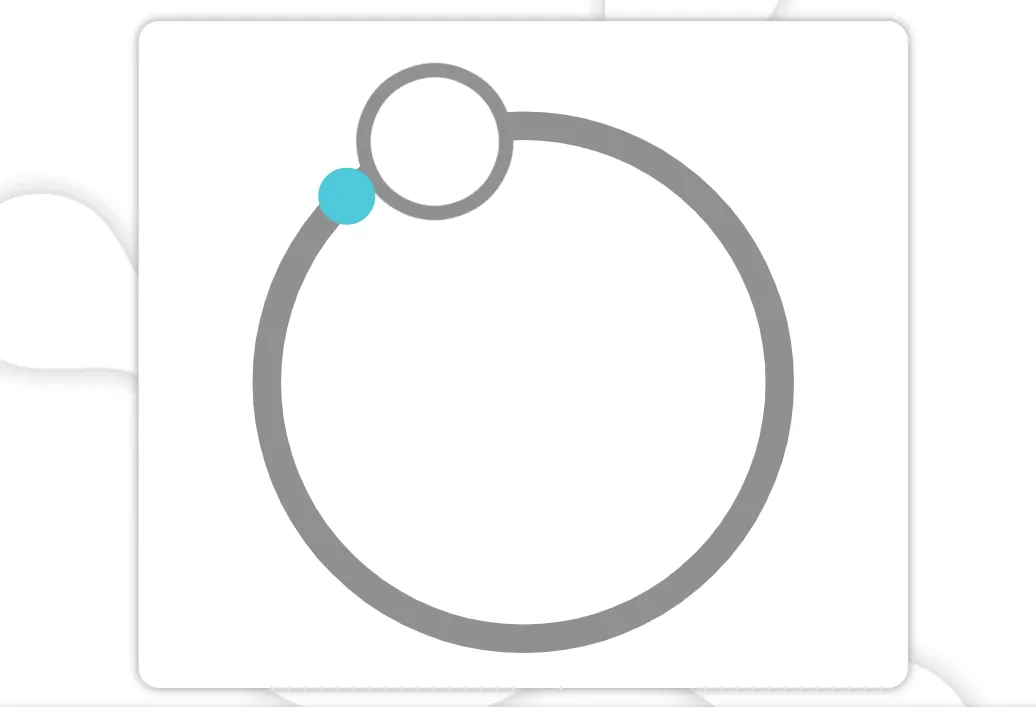 Vista da atividade NeuronUP 'Pare a bola': círculo grande em cinza com dois círculos pequenos, fundo branco minimalista.