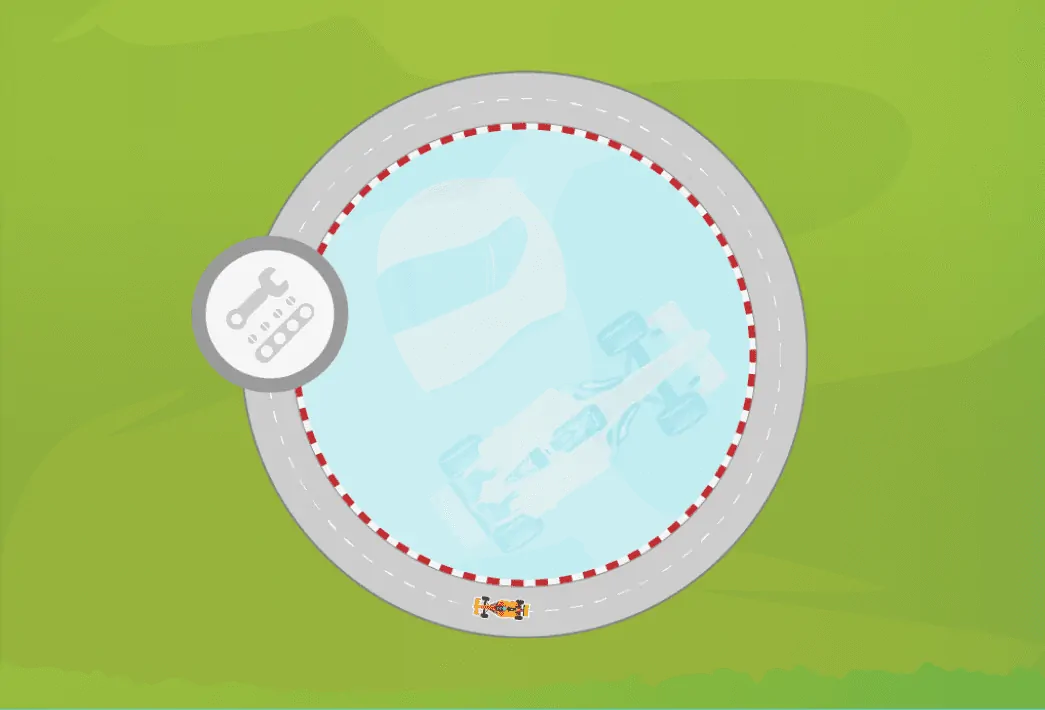 Captura de tela da NeuronUP: pista de corrida circular, carro estilizado no centro e ícone de ferramentas, fundo verde claro.