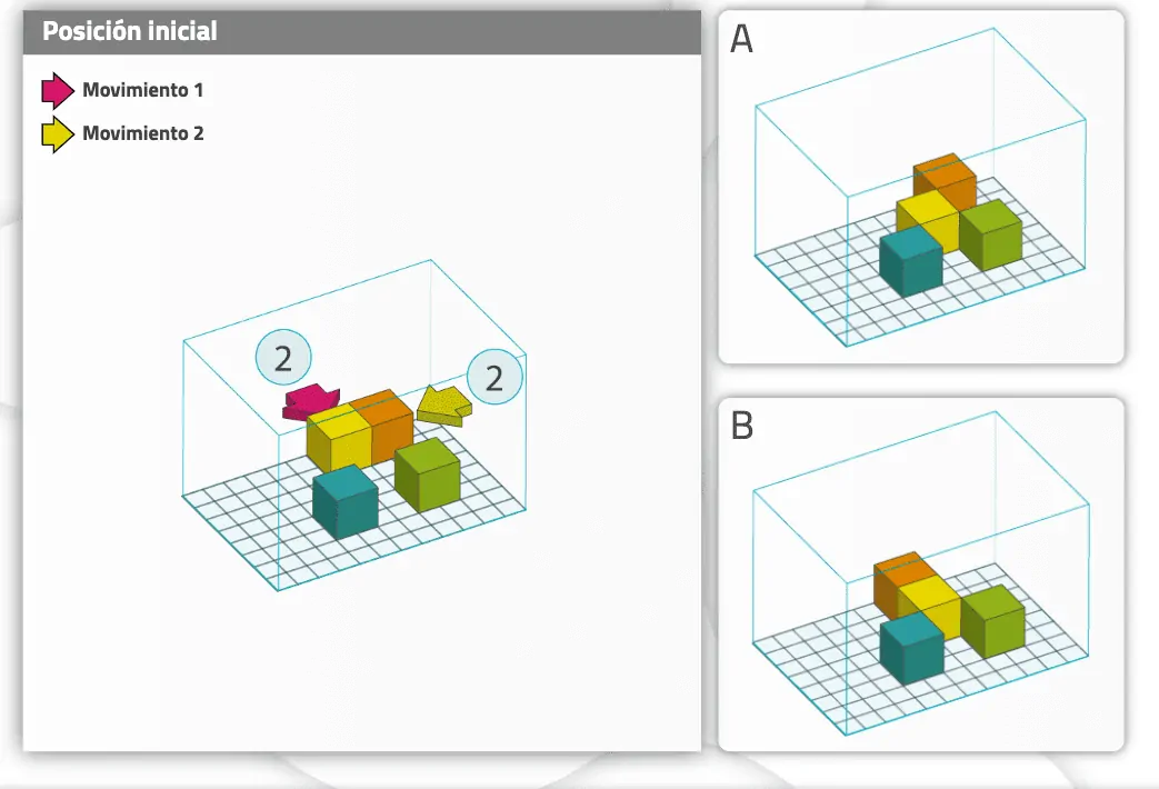 Representação 3D de cubos coloridos em uma grade, posição inicial, setas de movimento e duas vistas A e B.