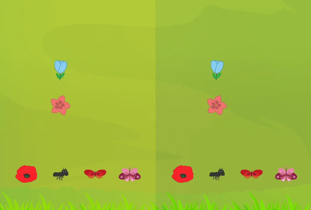 Captura de tela da NeuronUP da atividade O jardim misterioso: fundo verde com flores azuis e vermelhas, insetos e duas áreas visuais