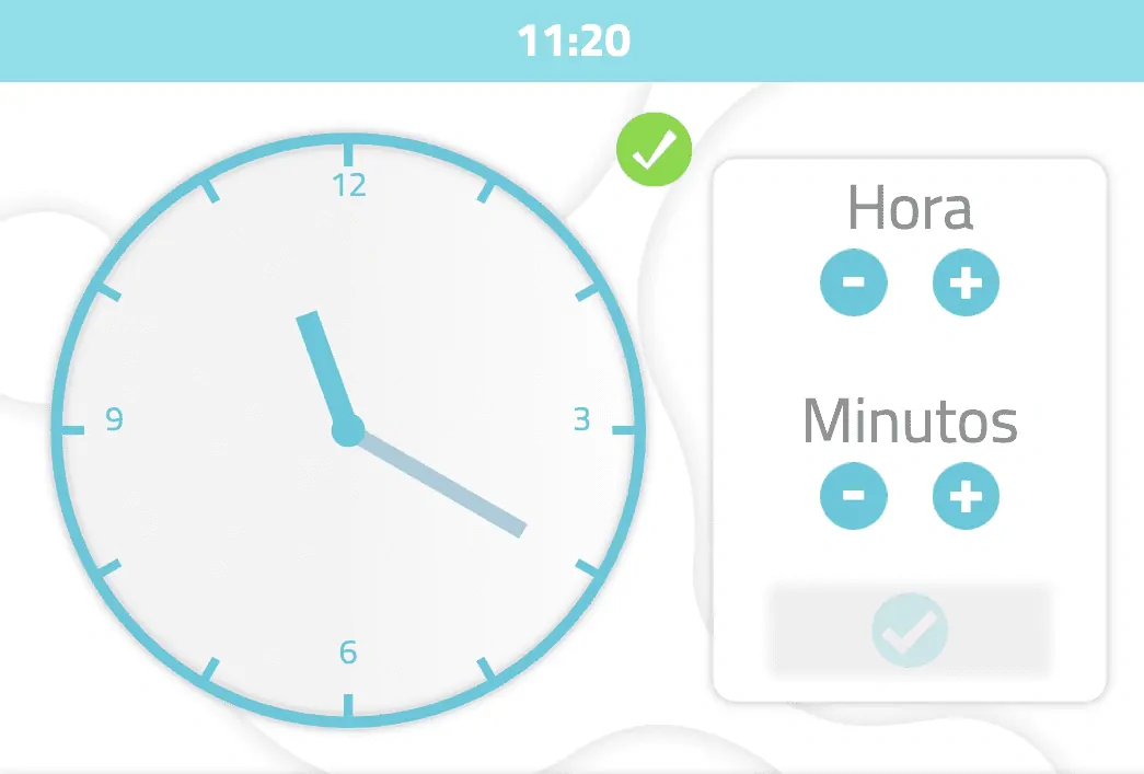Interface da NeuronUP com relógio analógico em 11:20, ponteiros visíveis, controles para hora e minutos e botão de confirmação.
