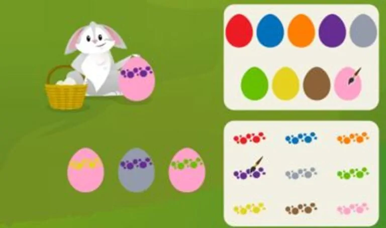 Coelhinho branco junto a uma cesta com Ovos de Páscoa e um painel com ovos decorados para um jogo de memória infantil.