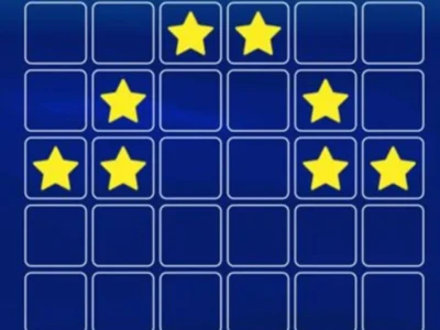 Padrão de grade azul com células vazias e algumas estrelas amarelas, imagem de uma ficha de memória episódica para crianças para memorizar constelações.