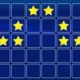 Padrão de grade azul com células vazias e algumas estrelas amarelas, imagem de uma ficha de memória episódica para crianças para memorizar constelações.