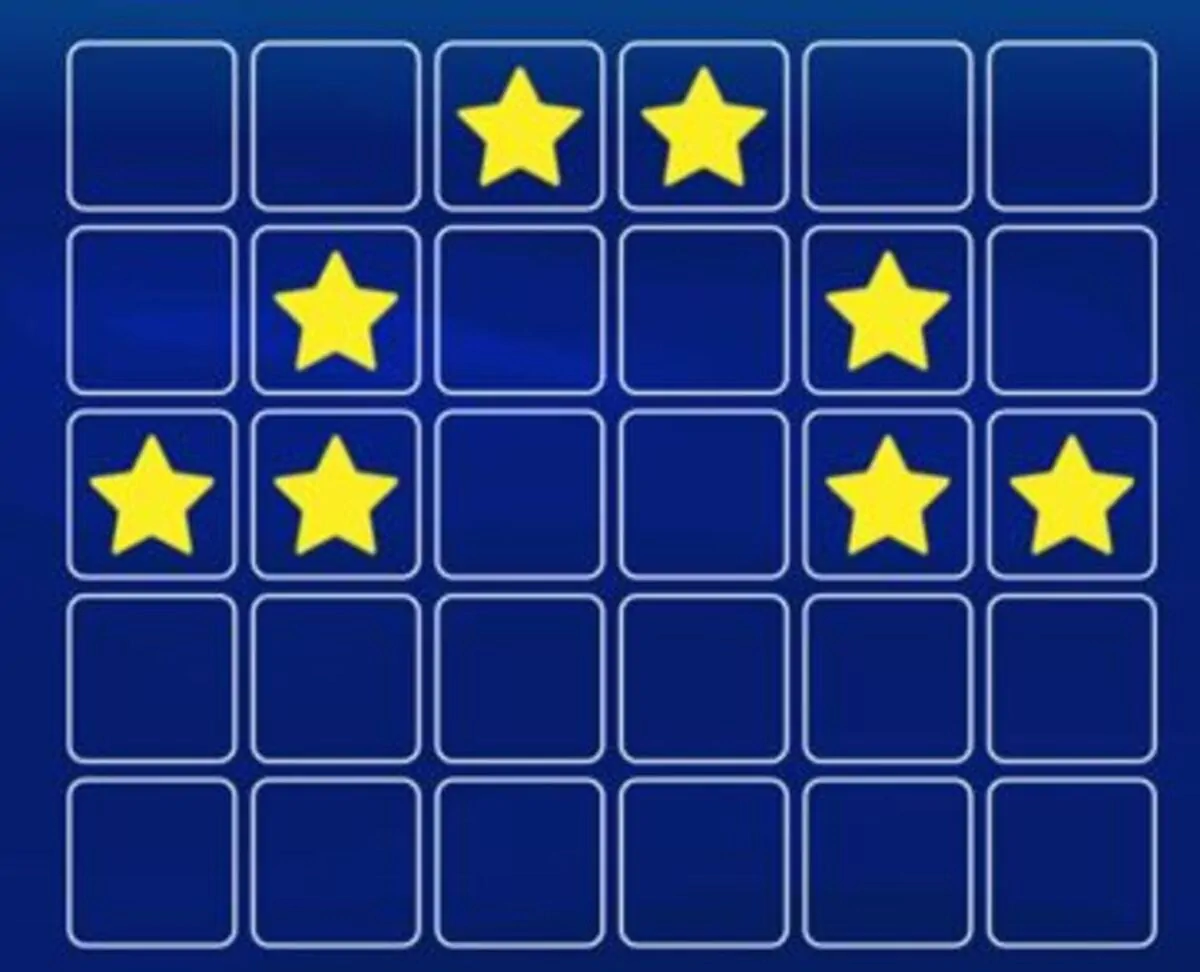 Padrão de grade azul com células vazias e algumas estrelas amarelas, imagem de uma ficha de memória episódica para crianças para memorizar constelações.