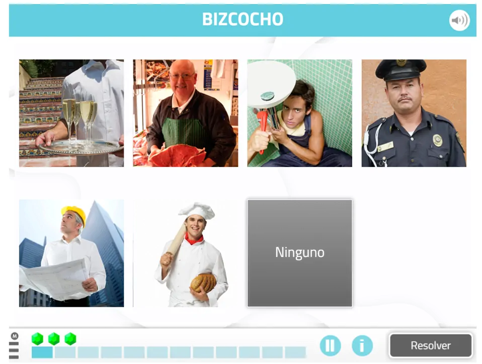 imprimir actividades para niños con discapacidad intelectual Cuadro de cuadrícula con varias imágenes: camarero, cocinero, joven, policía y chef, más un rascacielos; centro con 'Ninguno'.