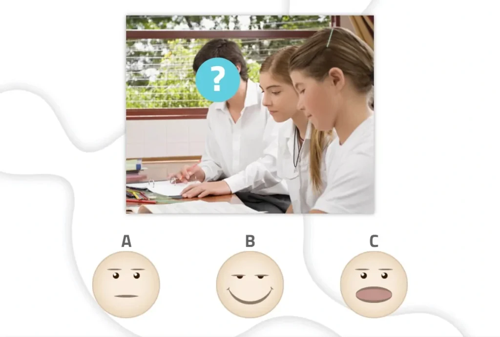 Três estudantes trabalhando em equipe; abaixo, três emoticons mostram expressões para praticar interação social.