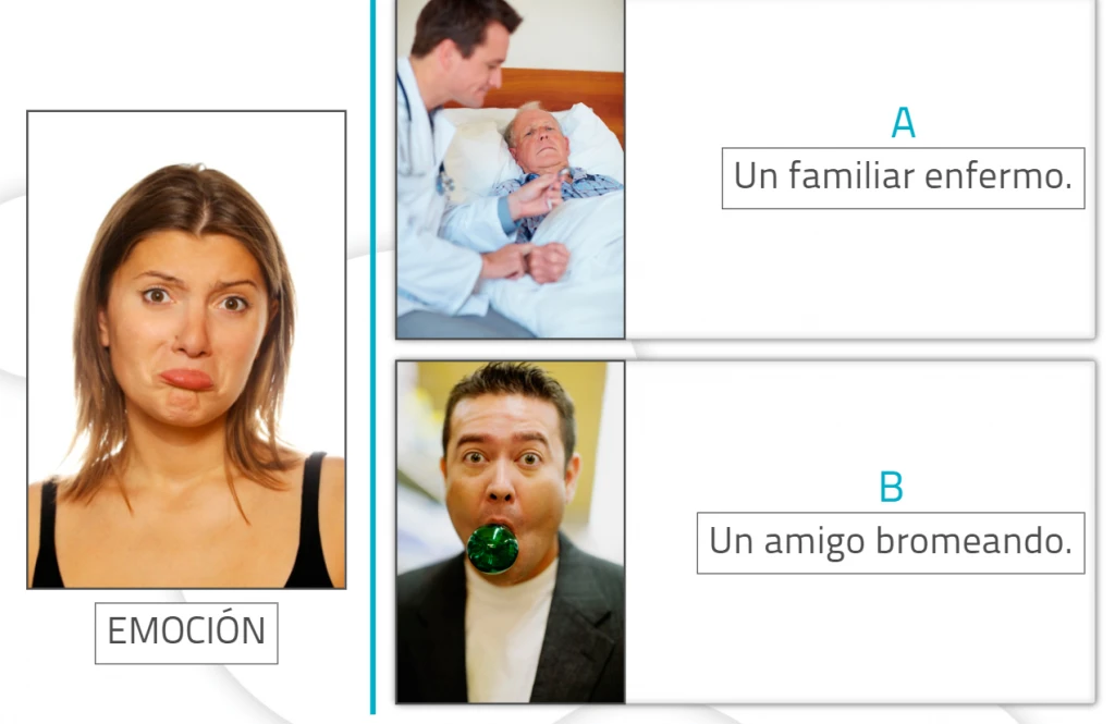 Diagrama com duas cenas: à esquerda, médico atende um paciente; à direita, homem brinca e mulher triste, etiquetadas A e B.