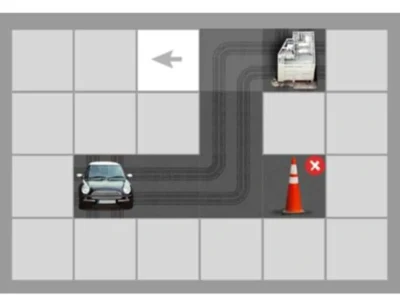 Quadrícula com obstáculos viários: seta para a célula central, carro inferior esquerdo e caminhão superior direito.
