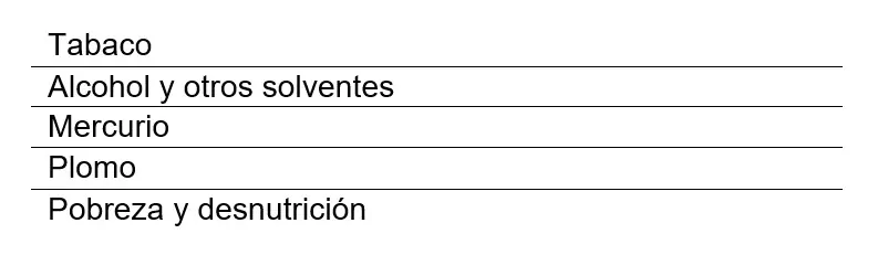 Lista de fatores ambientais que podem afetar o neurodesenvolvimento infantil: tabaco, álcool e solventes, mercúrio, chumbo e pobreza.