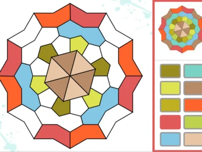 Mandala geométrica no NeuronUP com formas hexagonais e paleta de cores para estimulação visual e atenção.