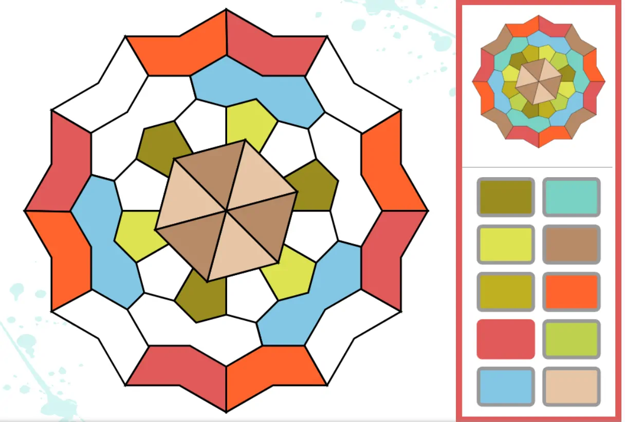 Mandala geométrica no NeuronUP com formas hexagonais e paleta de cores para estimulação visual e atenção.