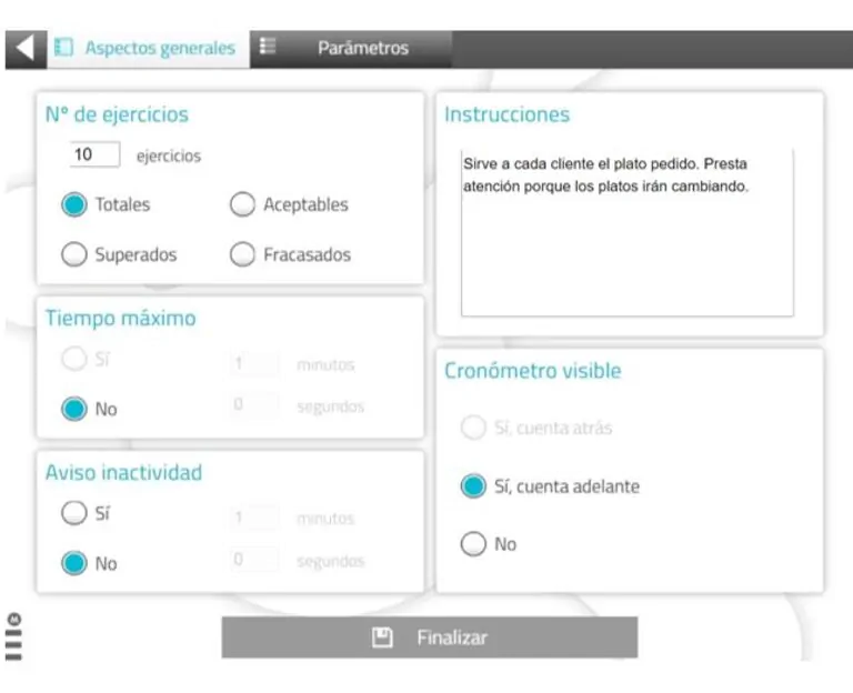 Interface de configuração de Garçom em ação: campos para exercícios totais, tempo máximo e botão Finalizar.