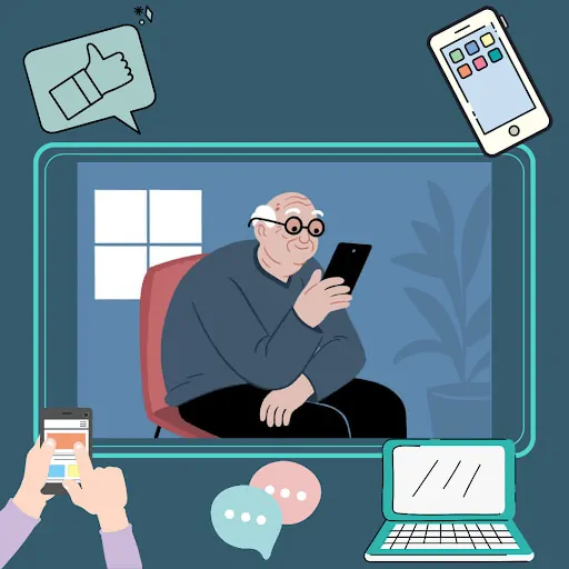 Idoso sentado com óculos, segurando um telefone celular; fundo azul escuro e vários dispositivos tecnológicos visíveis.