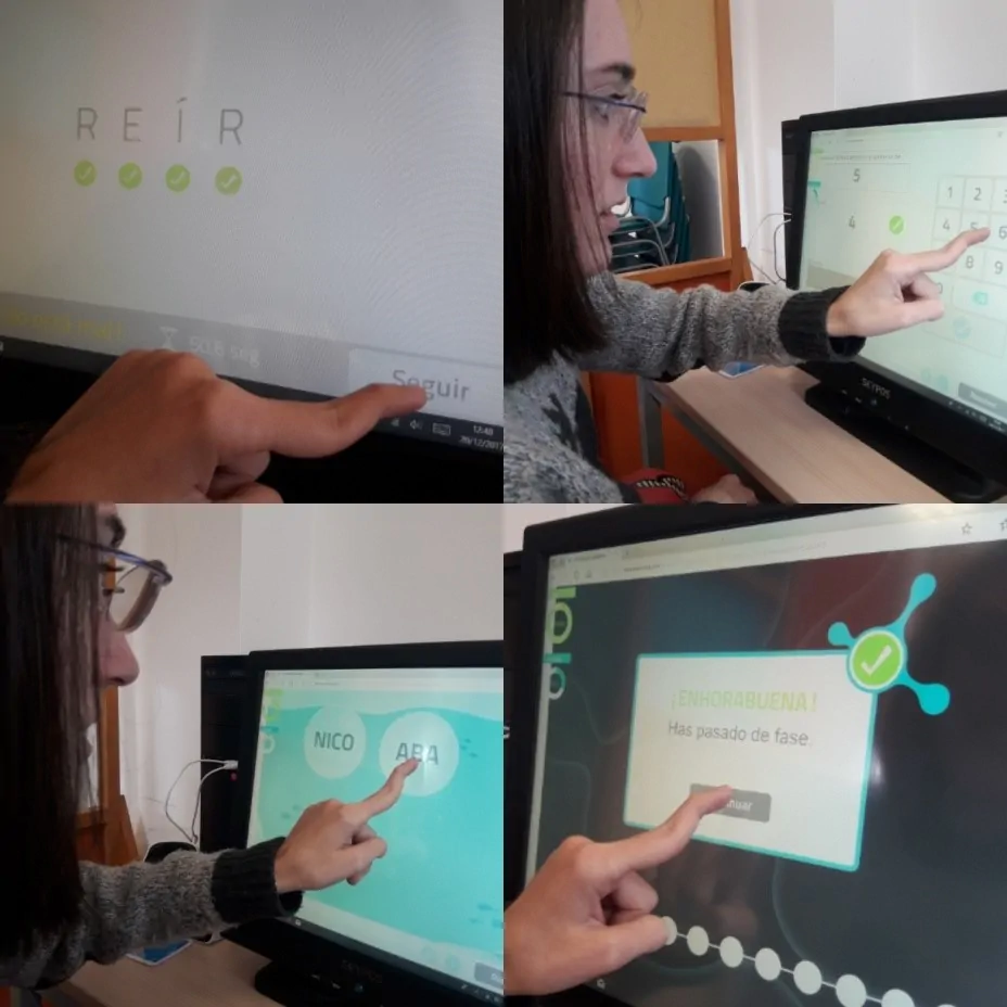 Usuário interagindo com tela em sala de aula; quatro quadrantes mostram opções e a mensagem PARABÉNS! com NICO e ABEA.