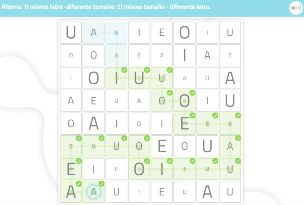 "<yoastmark Labirinto de instruções em uma grade de letras com vogais A, E, I, O e U; setas marcam a rota.