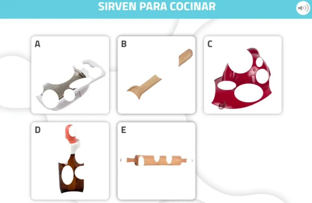 "<yoastmark Utensílios de cozinha rotulados A–E com furos, prontos para uma tarefa cognitiva na NeuronUP.