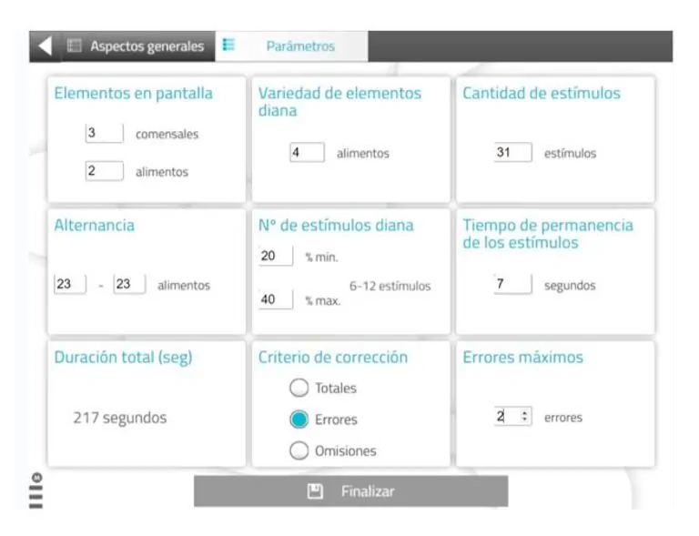 Interface de configuração da atividade Garçom em ação: seções de parâmetros, contagens e botão finalizar.