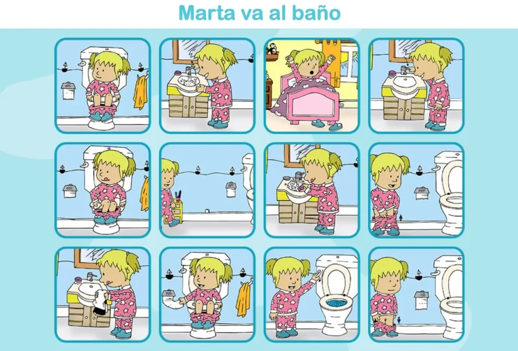 Sequência de vinhetas: Marta de pijama segue passos da rotina de ir ao banheiro, higiene e lavagem das mãos.