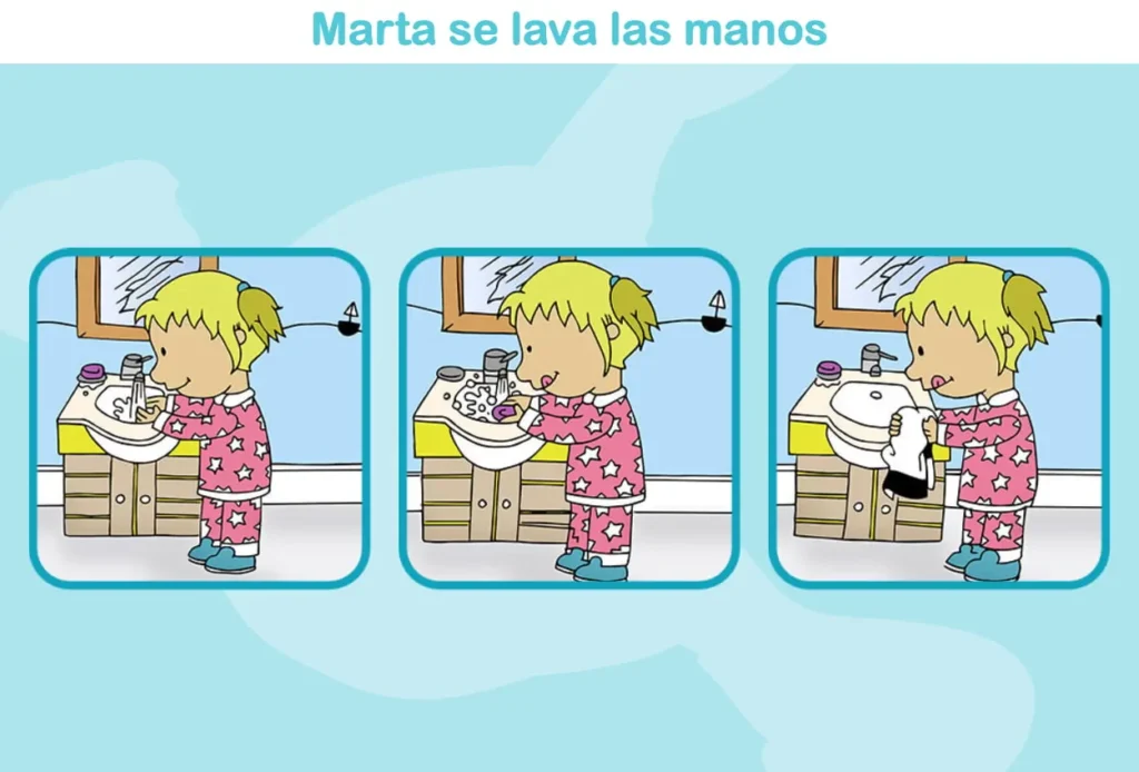 Sequência de três vinhetas: Marta de pijama com estrelas lavando as mãos, aplicando sabão e enxaguando-se.
