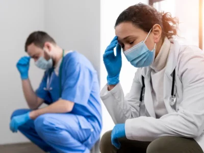 Dois profissionais de saúde com máscaras e luvas em um hospital; uma pessoa sentada com a cabeça entre as mãos.