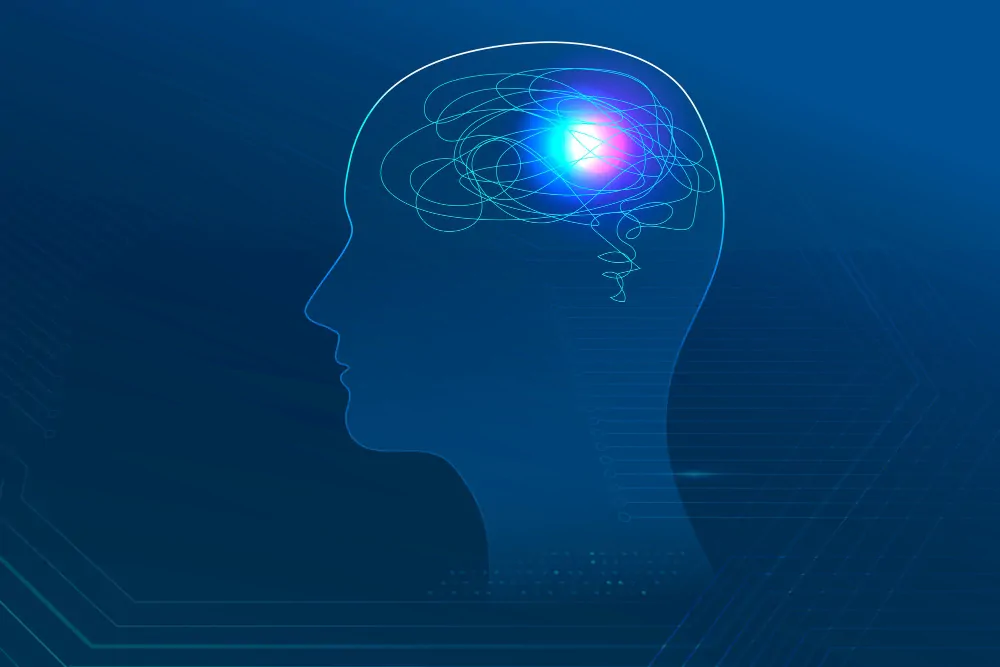 Perfil humano com fundo azul e representação de atividade cerebral, destacando o córtex cingulado anterior e seu controle.