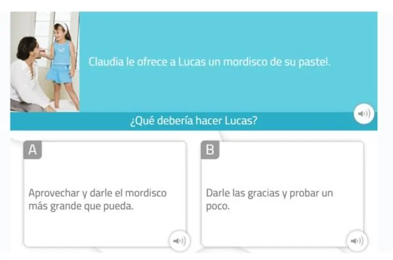 Ficha de cognição social que mostra Claudia oferecendo uma mordida a Lucas e duas opções de resposta sobre conduta adequada em uma situação cotidiana.