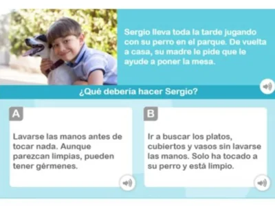 Ficha de cognição social: Sérgio no parque com o seu cão e duas opções para ajudar a colocar a mesa, enfatizando higiene.