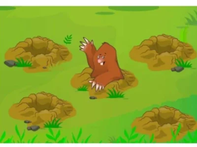 Urso de pelúcia espreitando de um buraco em uma paisagem verde, com grama e pedras; ilustração para memória de trabalho.