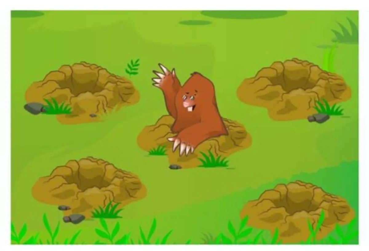 Urso de pelúcia espreitando de um buraco em uma paisagem verde, com grama e pedras; ilustração para memória de trabalho.