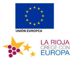 Logotipo de projeto europeu: bandeira da União Europeia, texto Unión Europea y lema La Rioja Cresce com a Europa junto a un cacho de uvas.