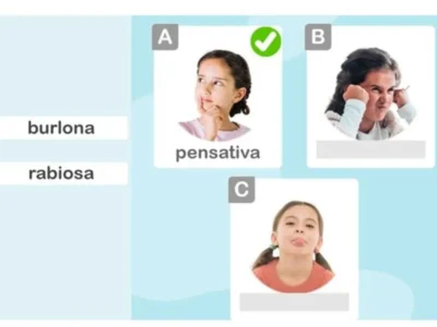 Três retratos faciais: menina pensativa com marca de seleção A, zangada e careta no outro; palavras burlona e raivosa à esquerda.