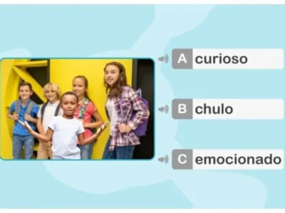 Várias crianças em pé diante de um fundo amarelo mostram expressões diversas; fichas educativas e palavras como curioso, legal e emocionado.