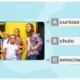 Várias crianças em pé diante de um fundo amarelo mostram expressões diversas; fichas educativas e palavras como curioso, legal e emocionado.