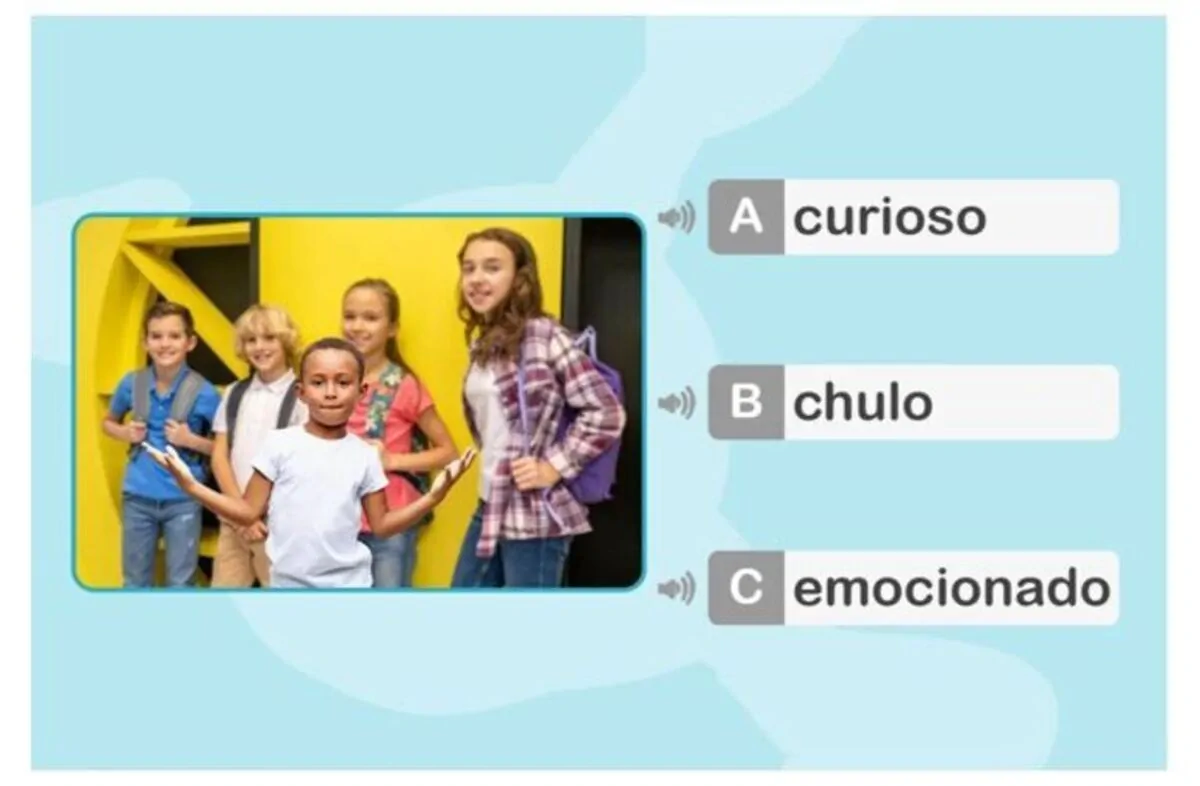 Várias crianças de pé diante de um fundo amarelo mostram expressões diversas; fichas educativas e palavras como curioso, legal e emocionado.