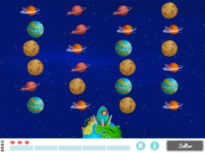 Conjunto espacial: fundo estelar, planetas e foguete decolando para atividades de TDAH.