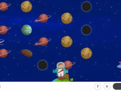 Conjunto espacial: fundo estelar, planetas e foguete decolando para atividades de TDAH.