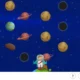 Conjunto espacial: fundo estelar, planetas e foguete decolando para atividades de TDAH.